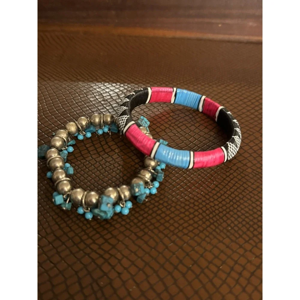 2 Bracelet Set Blue Pink Black Silver Women's Jewelry Beaded & Bangle Boho‎